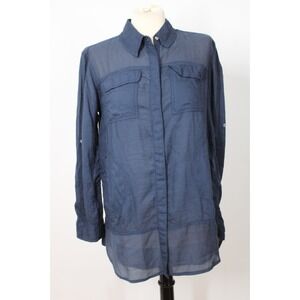 Holding Horses XSP Blue Button-Front Shirttail Hem Roll-Tab Sleeve Top Pockets